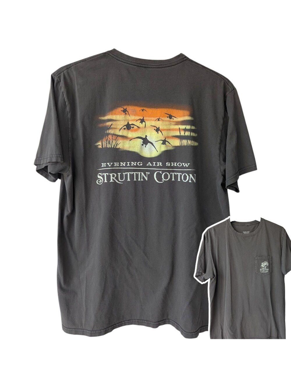 Struttin Cotton Pocket T-Shirt Mens Large Gray USA Pima Duck Hunting Tee 22.5x30